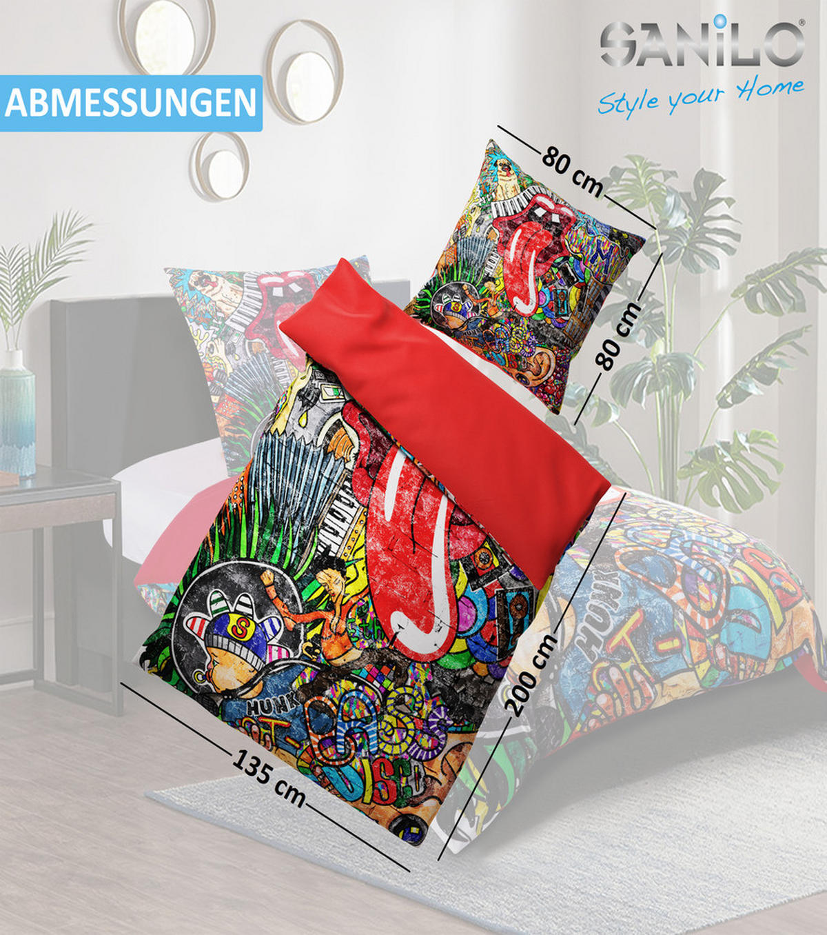 BETTWÄSCHE 2-teilig Graffiti - Rot, Naturmaterialien (135/200cm) - Sanilo