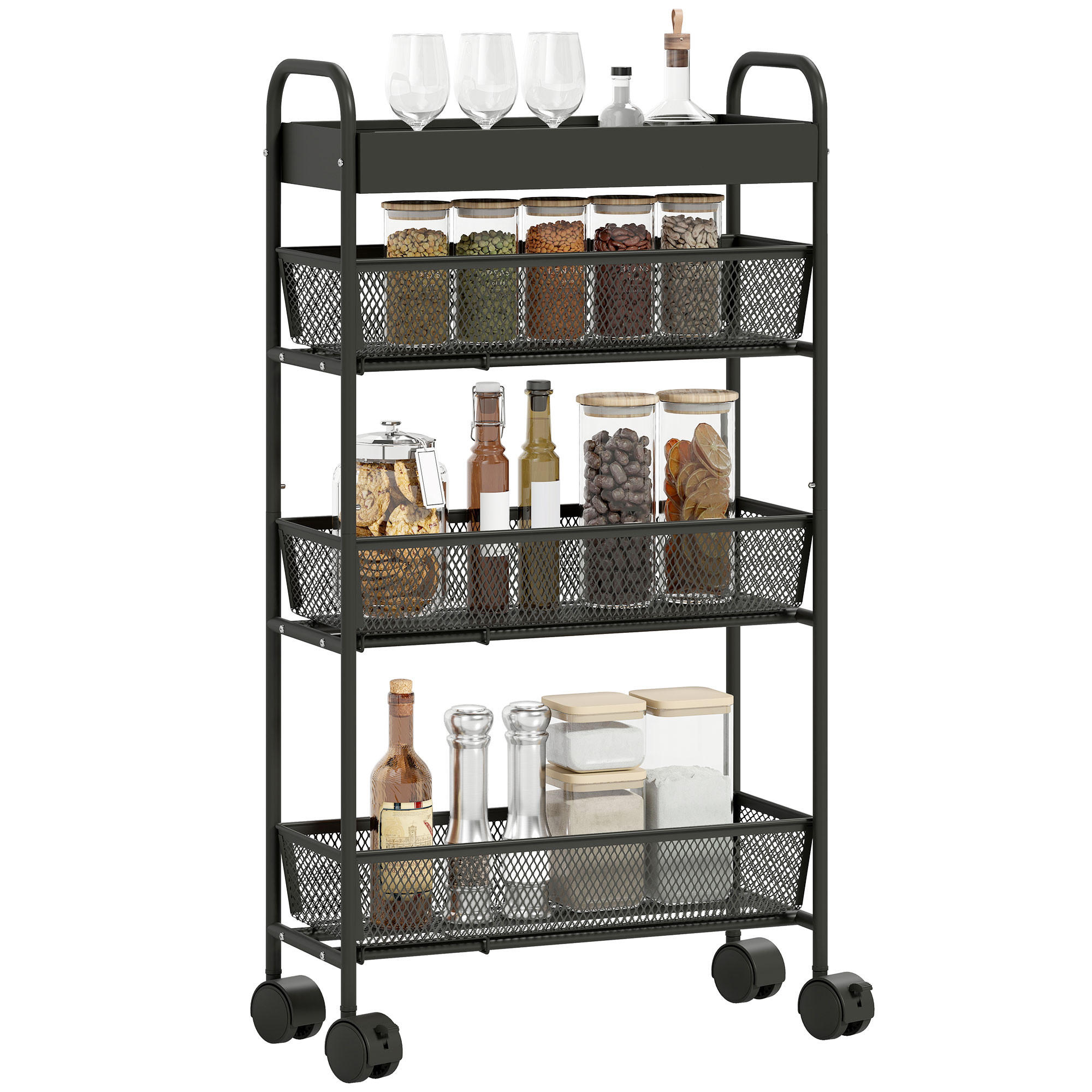 KÜCHENWAGEN DE-17141 3 ausziehbare Körbe & obere Ablage Schwarz - Schwarz, Metall (19/80/43.2cm) - ComfortXL