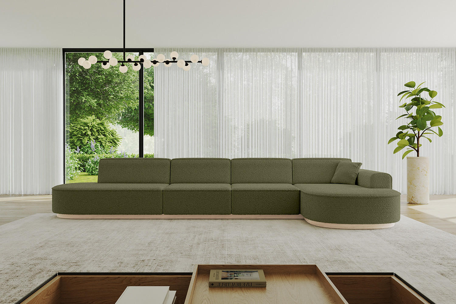 ECKSOFA Ottomane Rechts MARI-L3-v1 - 413x171x83 cm Grün Bouclé - Grün, Holzwerkstoff/Textil (171/413cm) - ALTDECOR