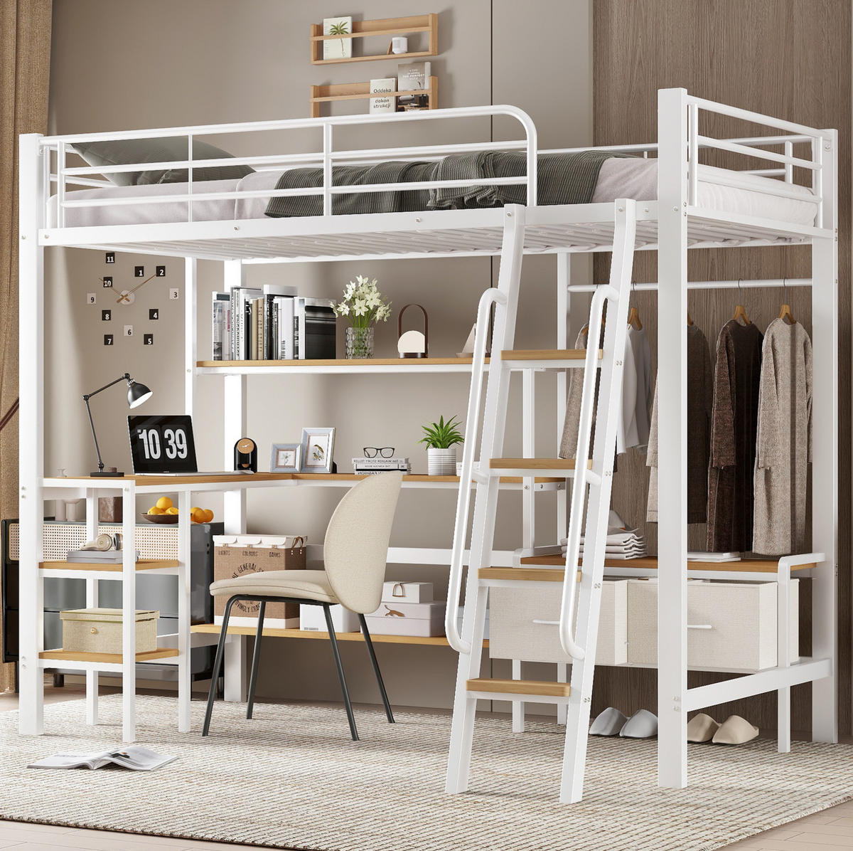 HOCHBETT 90/200 cm Weiß/Natur aus Eisen und MDF mit Schreibtisch - Weiß, Metall (90/200cm) - OKWISH
