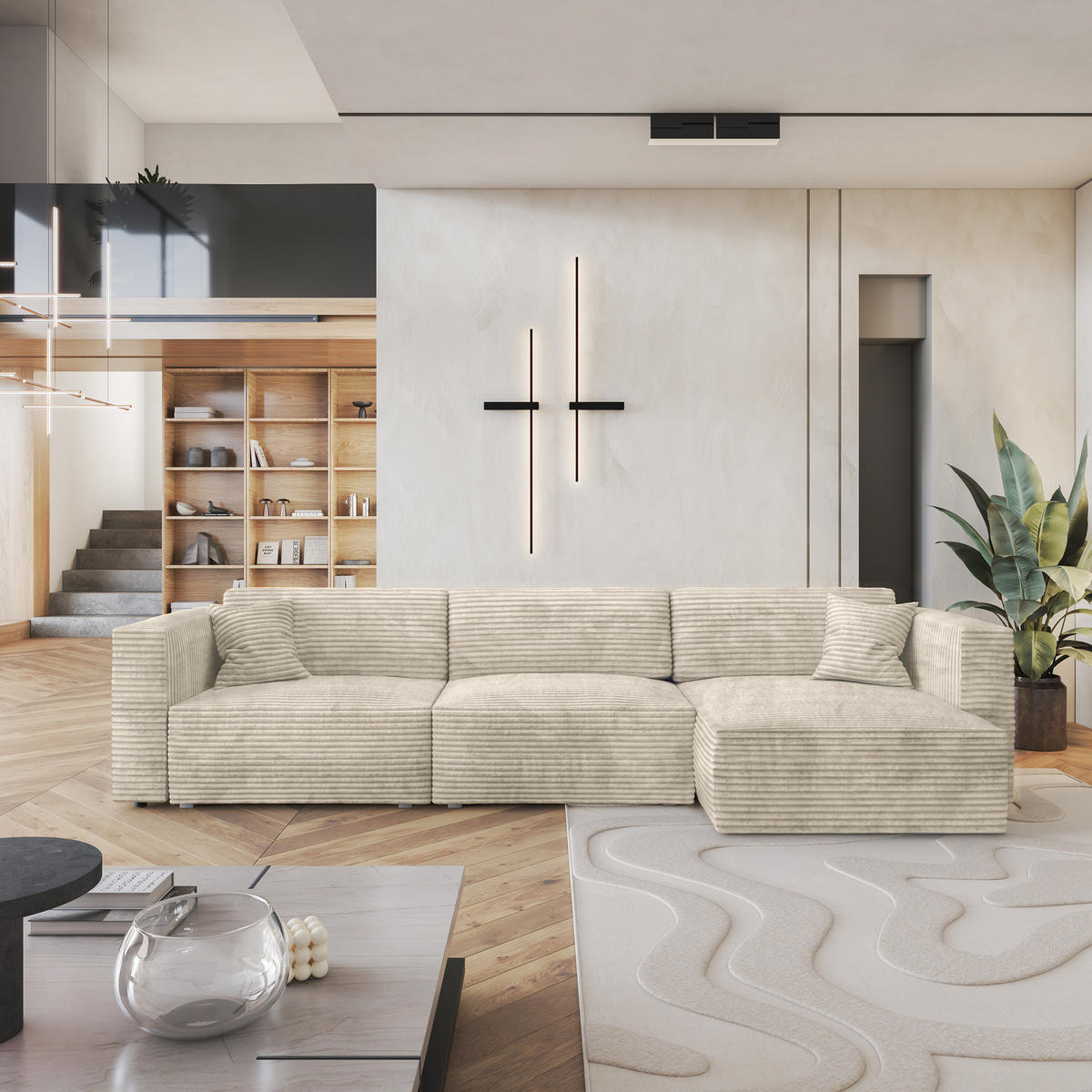 ECKSOFA TOLMO Creme Kordstoff mit Schlaffunktion - Creme/Grau, Holz/Kunststoff (347/148cm) - MASSENO