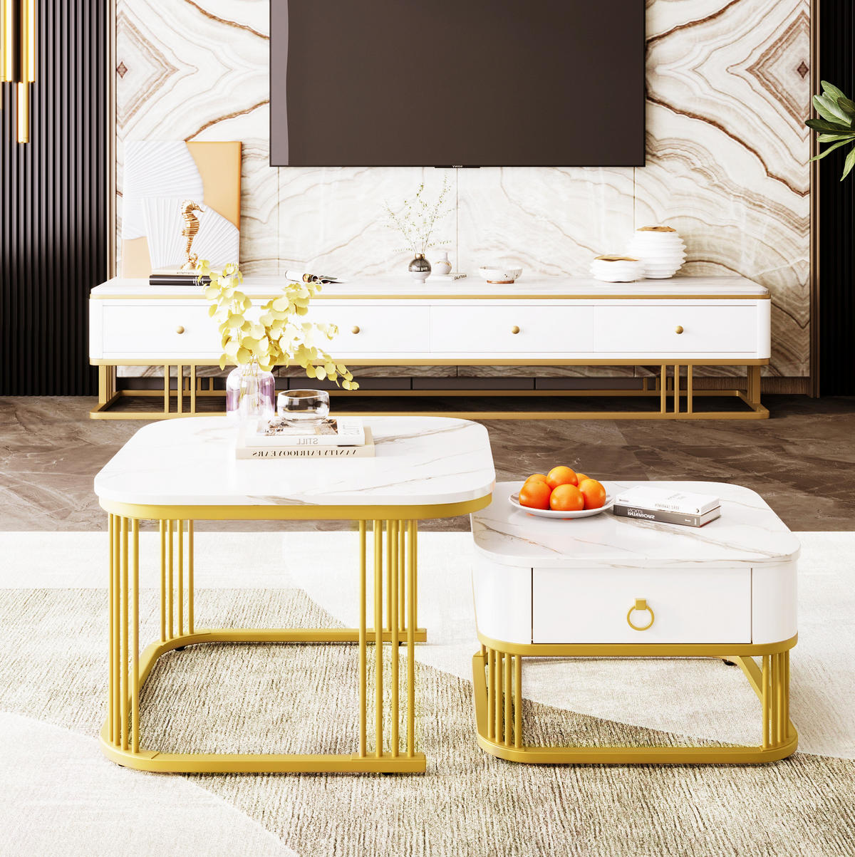 COUCHTISCH-SET aus MDF 60x60x45 cm Weiß mit Marmoroptik, Schublade und goldfarbenem Metallrahmen - Weiß, Holzwerkstoff (60/60/45cm) - IVMEU