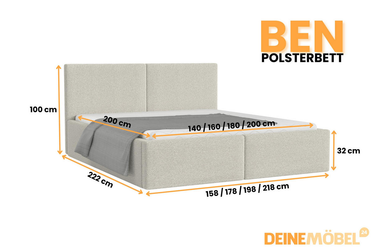 POLSTERBETT BEN 140/200 in Boucle Ecru - Ecru, Holz/Holzwerkstoff (140/200cm) - Deine Möbel 24