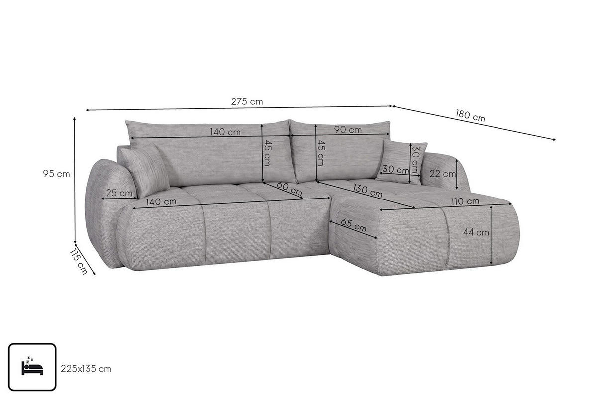 ROHOVÁ SEDAČKA s rozkládací funkcí a úložným prostorem, strukturovaná látka Verita, Šedá, Pravá, COCO - šedá, dřevo (275/180cm) - Kaiser Möbel
