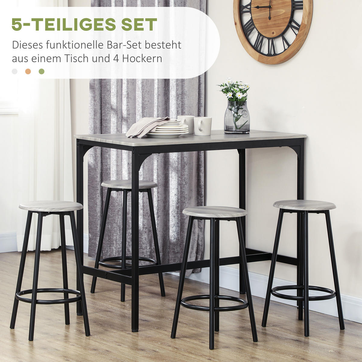 BARTISCH mit Barhocker Set, 5-tlg. Bartisch-Set, Küchentisch mit 4 Barhocker - Grau, Holzwerkstoff (50/89.5/110cm) - HOMCOM