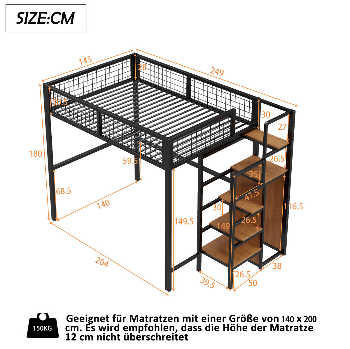 HOCHBETT 140/200 cm aus Metall mit Leiter und Kleiderschrank, Schwarz - Schwarz, Metall (140/200cm) - Flora Grace