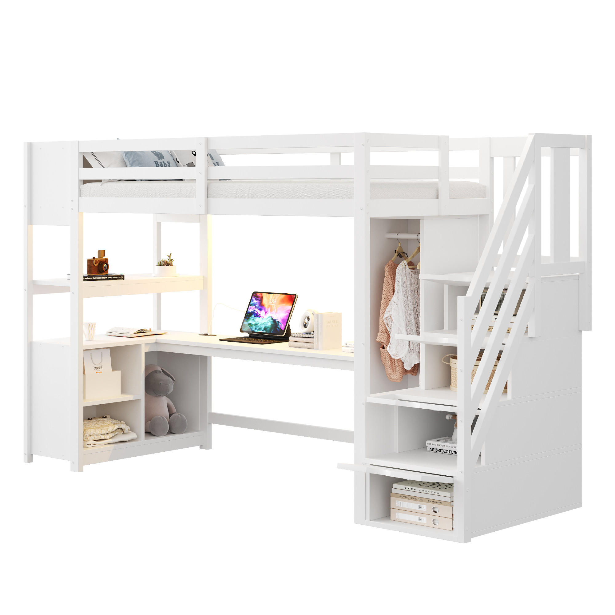 HOCHBETT mit Schreibtisch und Kleiderschrank 90x200 cm Weiß - Weiß, Holz (90/200cm) - Meubliv