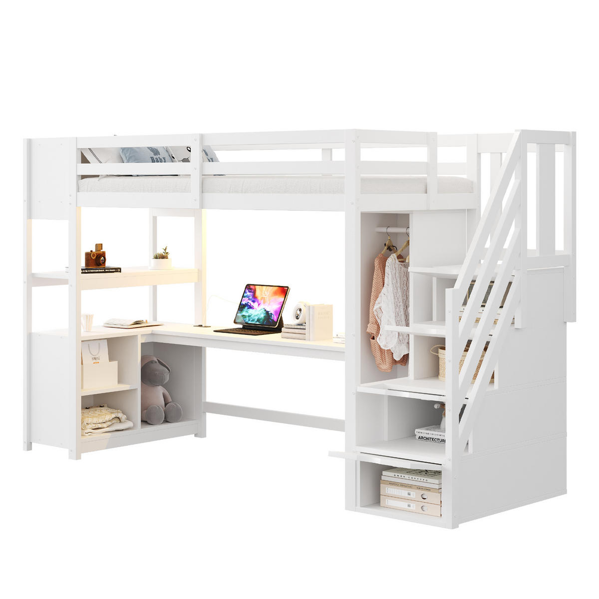 HOCHBETT 90/200 cm in Weiß mit Kleiderschrank, Schreibtisch, LED und Stauraum - Weiß, Holz/Holzwerkstoff (90/200cm) - STILVORA