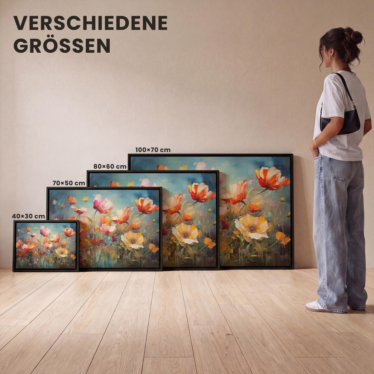 LEINWAND Bilder mit Rahmen - Blumen - Aquarell - Kunst - Botanisch - Natur - 100x70 - Orange, Textil (100/70cm) - MuchoWow