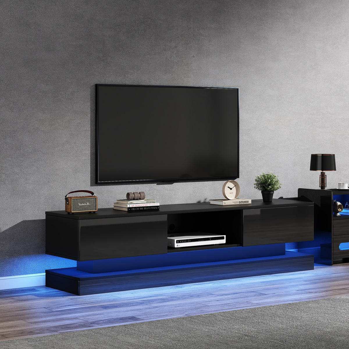 LOWBOARD DE-40478 2 Schubladen mit LED und Hochglanz Schwarz - Schwarz, Holzwerkstoff (160/40/35cm) - ComfortXL