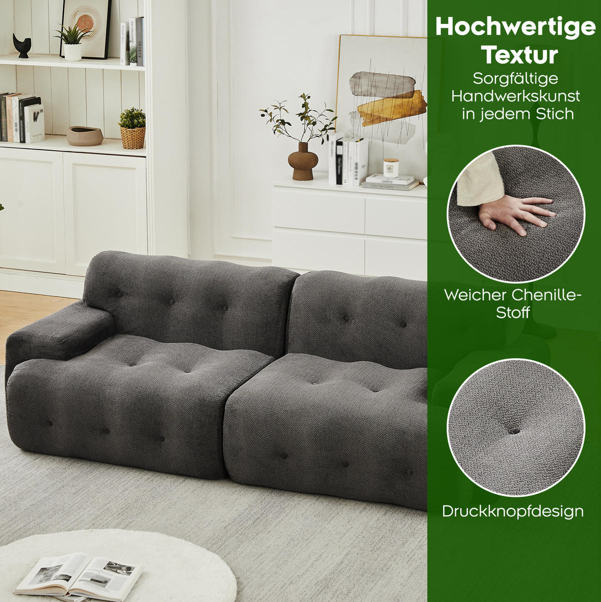 2-SITZER-SOFA aus Chenille 224x104x66 cm Grau montagefrei mit tiefer Sitzfläche und breiten Armlehnen - Grau, Textil (224/66/104cm) - Modfu