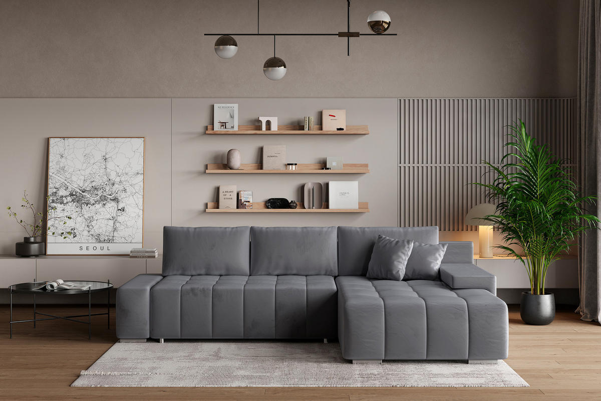 ECKSOFA ALESE R-S Grau Velours-Stoff mit Schlaffunktion - Grau, Holz (265/185cm) - MASSENO