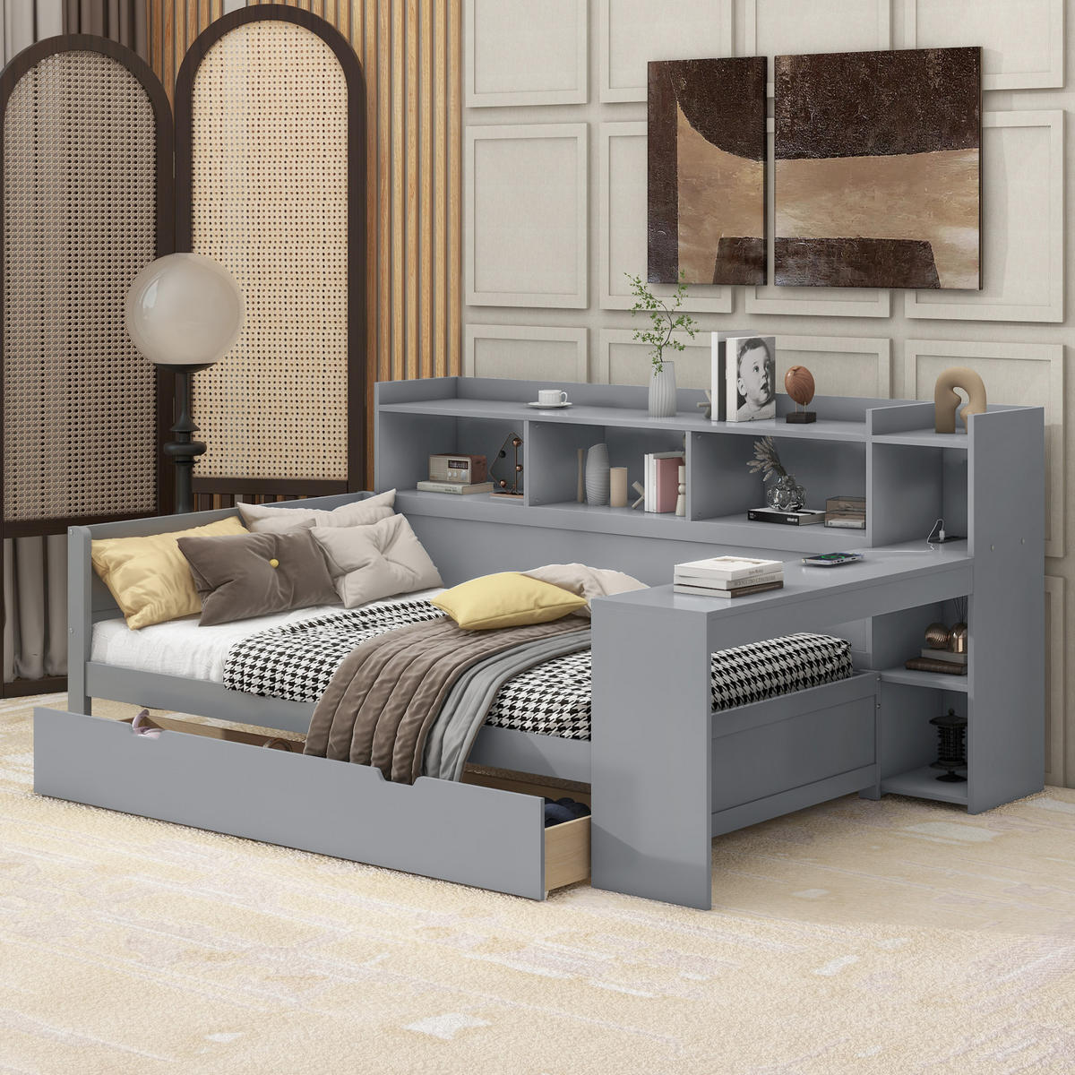 SCHLAFSOFA 90x200cm Grau Spanplatte Nachttischablage Schreibtisch USB - Grau, Holz (90/200cm) - FLIEKS
