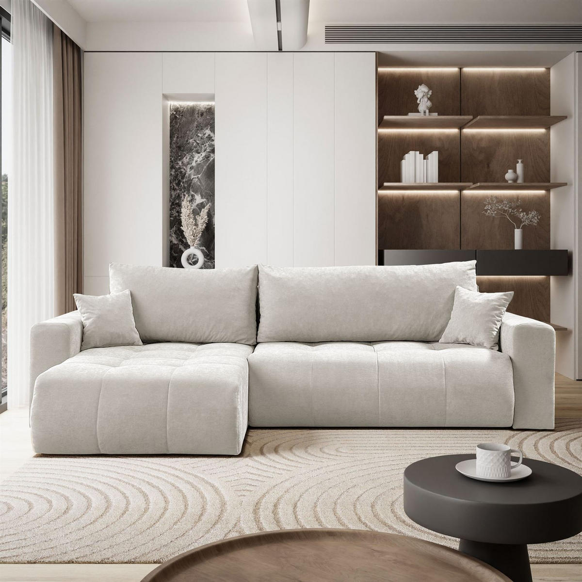 ECKSOFA Gepolstertes CLOUD mit Schlaffunktion und Bettkasten, Wind 05 - Naturfarben, Textil (277/143cm) - Lookway