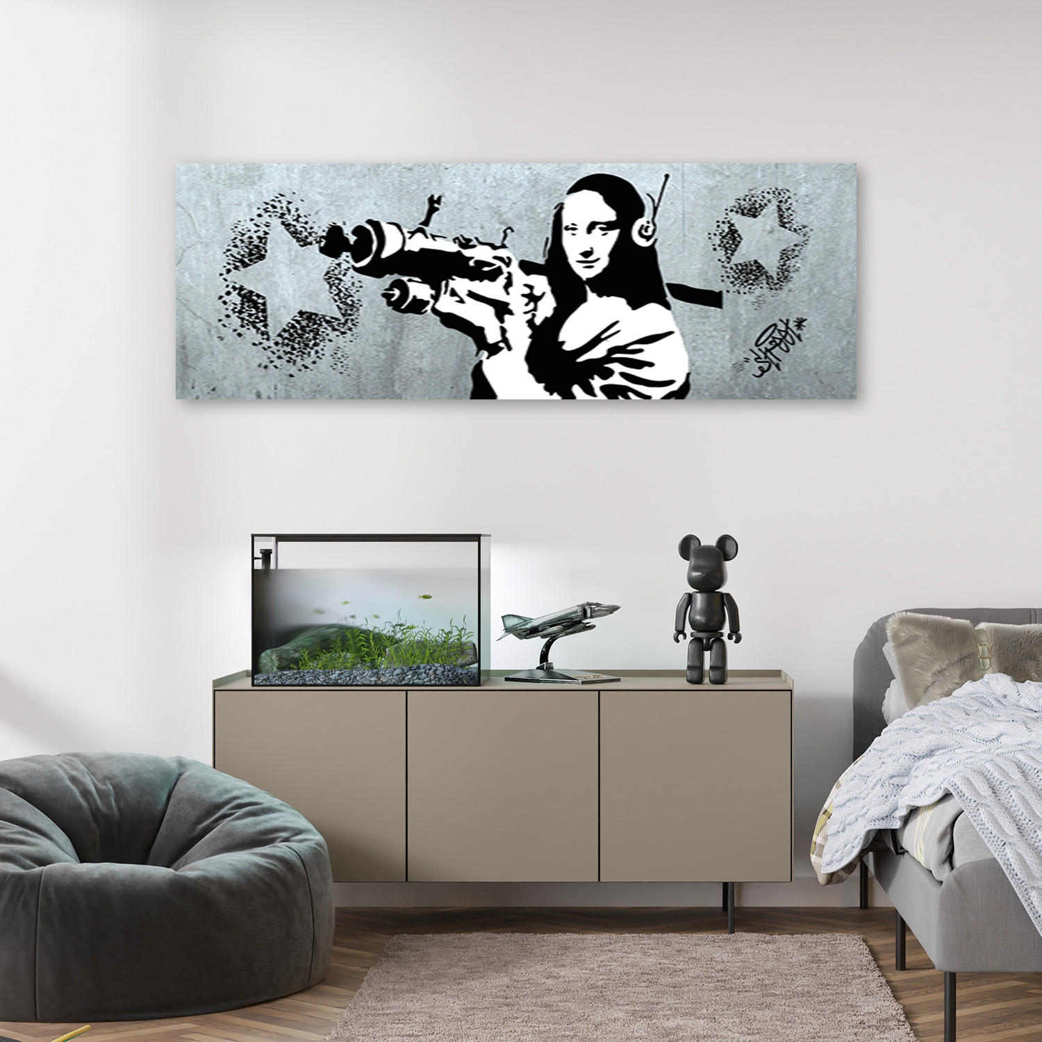 WANDBILD banksy mona lisa und die panzerfaust - Grau, Textil (90/30cm) - Feeby