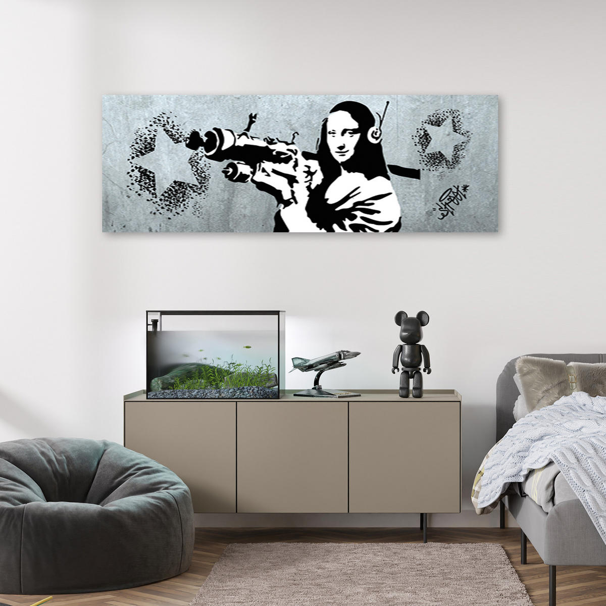 WANDBILD banksy mona lisa und die panzerfaust - Grau, Textil (90/30cm) - Feeby