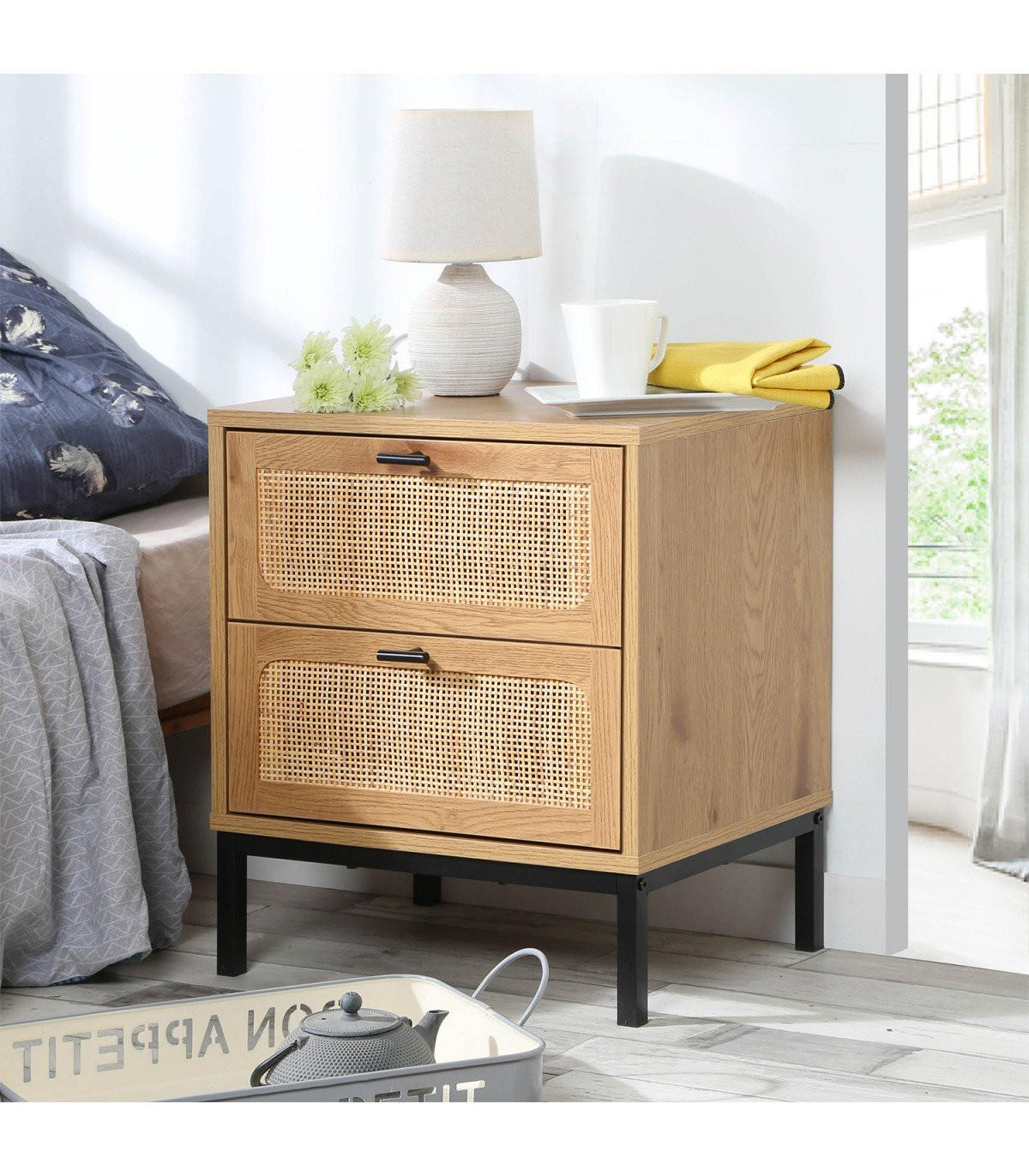 NACHTTISCH in Eiche Dekor mit 2 Schubladen aus Rattan H51cm - JAYA - Apfelbaumfarben, Holzwerkstoff (29/51/45cm) - Calicosy