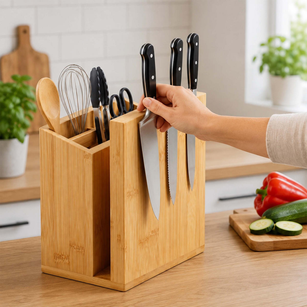 MESSERBLOCK Natur Bambus magnetisch mit Utensilienhalter 21,5 cm - Hellbraun, Holz (19/21.5/13cm) - Relaxdays