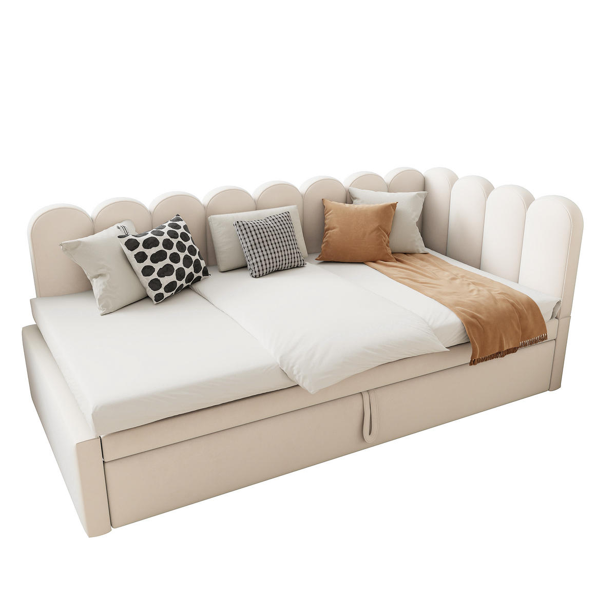 POLSTERBETT 90/200 cm Beige L-förmig mit ausziehbarem Kopfteil aus Samt - Beige, Textil (90/200cm) - OKWISH