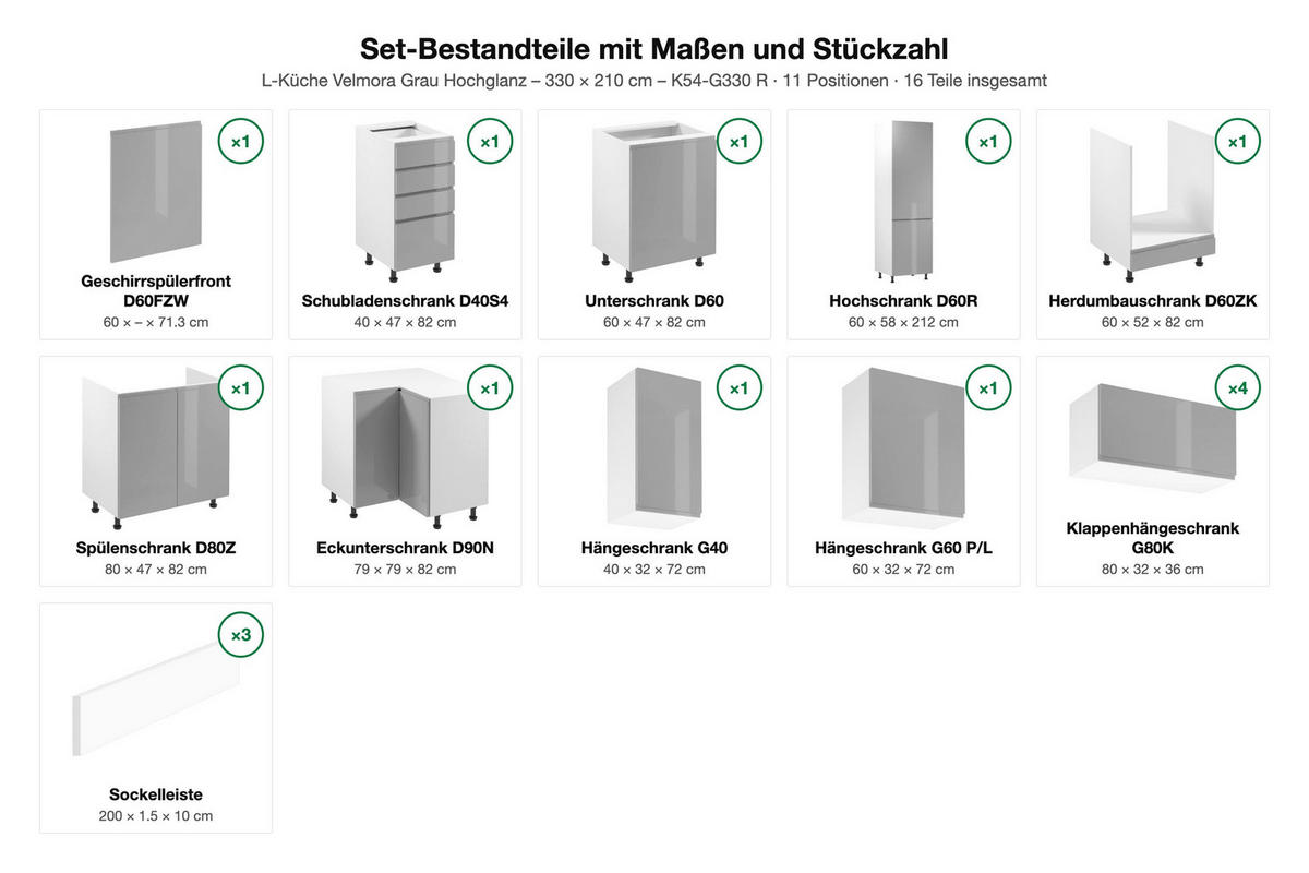 ECKKÜCHE – 330 cm – K54-G330 R – Velmora – Grau – ohne E-Geräte - Weiß/Grau, Holz (330/212/210cm) - ROYAL24_MARKT