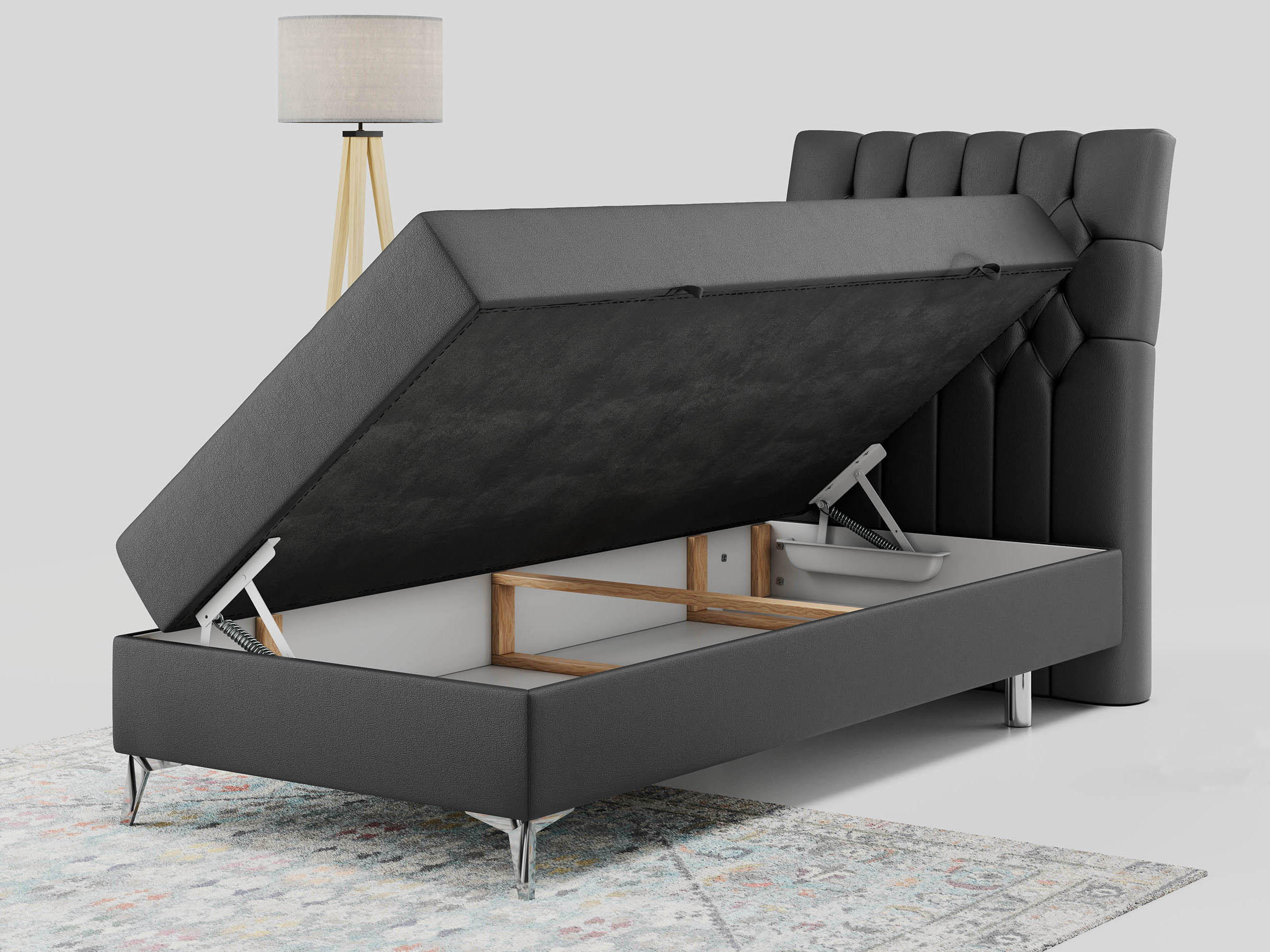 Thumbnail - MKS Boxbett, Dunkelgrau, Textil, 1-Sitzer, H3, Rechteckig, 90x200 cm, Schlafzimmer, Betten, Boxspringbetten