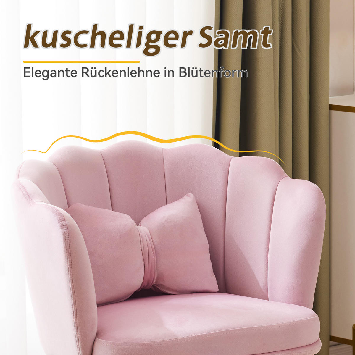 STUHL SET 4-TEILIG Samt Polster Blütenblatt-Rücken Goldfüße & Kissen Rosa - Pink, Holz (62/43/54cm) - FLIEKS