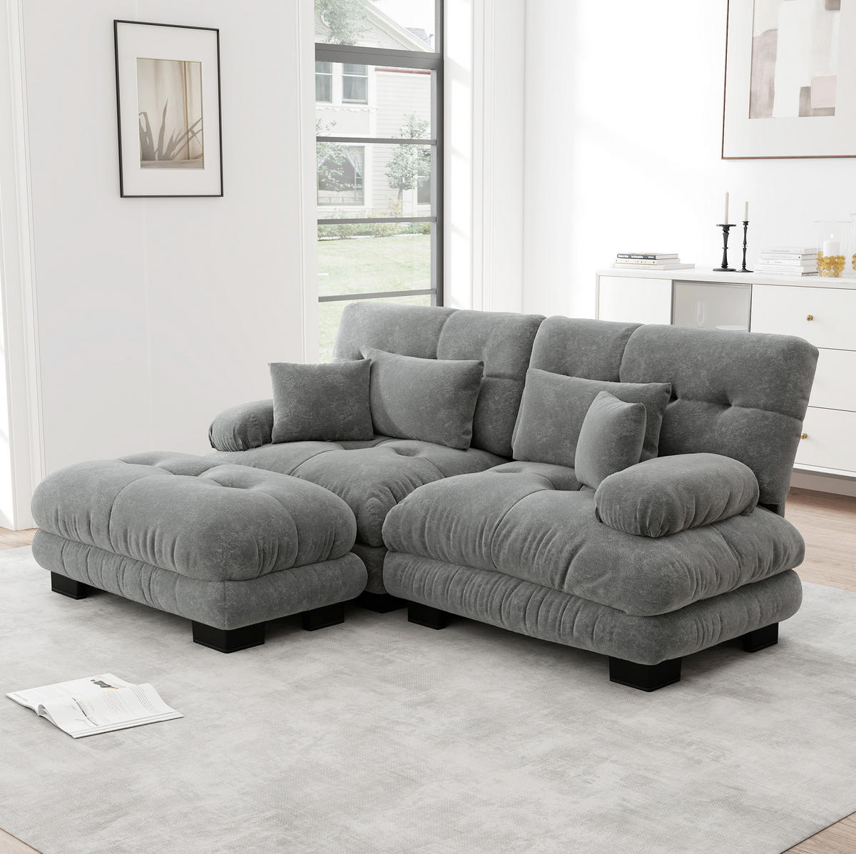 ECKSOFA 220/145/81 cm in Grau aus Chenille mit Ottomans und Cloud-Komfort - Grau, Textil (145/220cm) - Flora Grace