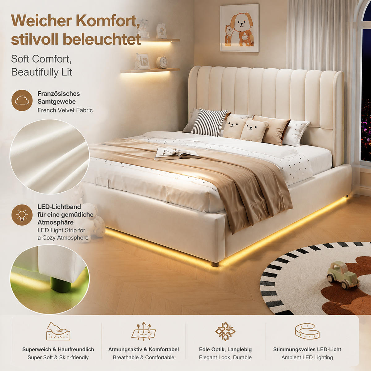 POLSTERBETT 140/200 cm in Beige mit Bettkasten, 3 Schubladen und LED aus Samt - Beige, Holzwerkstoff/Textil - STILVORA