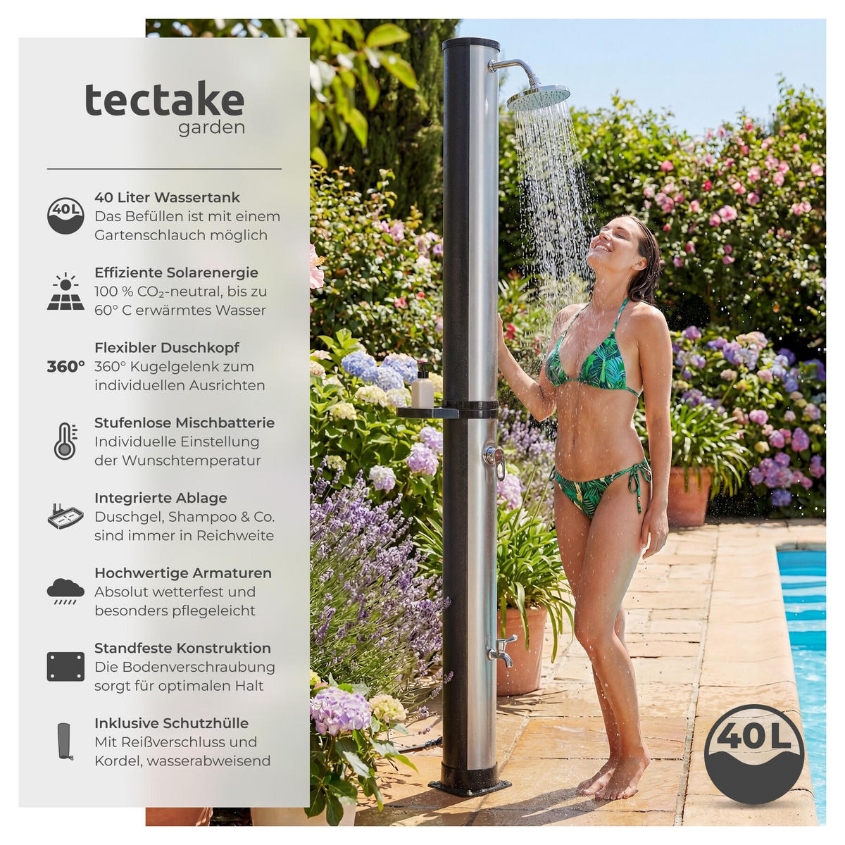 SOLARDUSCHE Orinoco, extra Wasserhahn, inklusive Schutzhülle, schwarz/silber - Silberfarben/Schwarz, Kunststoff (19.5/222/47cm) - tectake