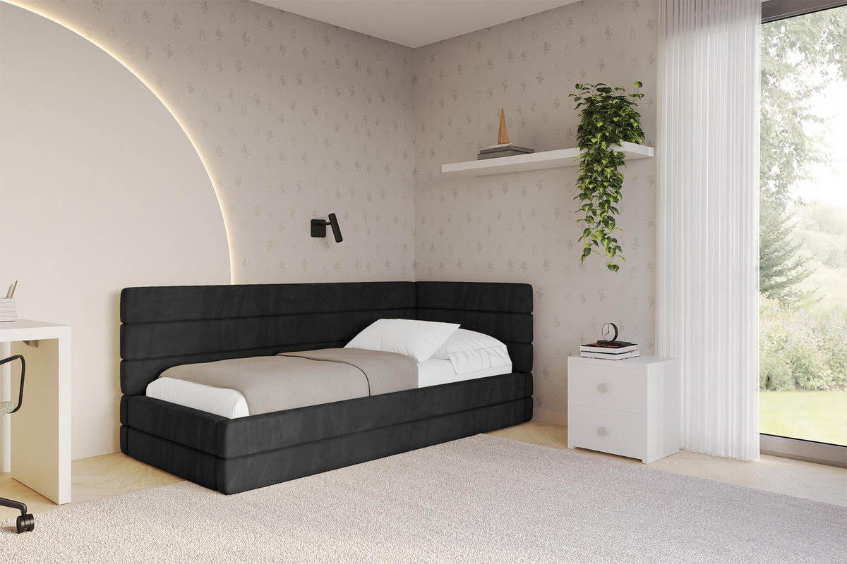 EINZELLBETT Jugendbett mit Bettkasten, Links - BEMY 90x200 Schwarz - Schwarz, Holzwerkstoff/Textil (90/200cm) - ALTDECOR