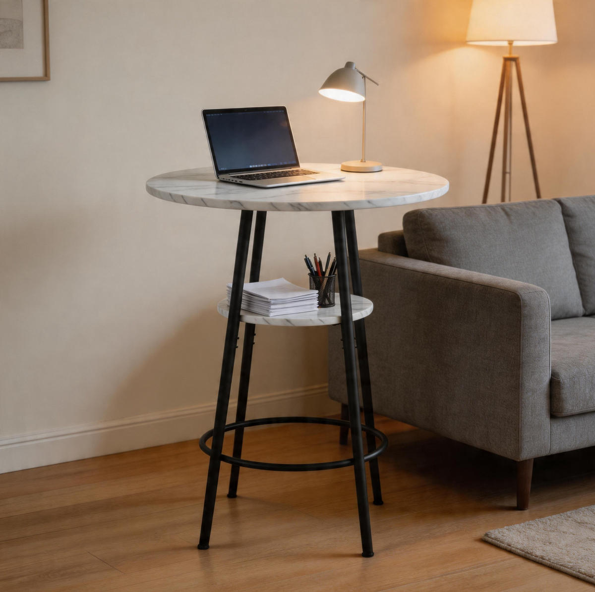 BARTISCH mit Stauraum 60 cm Weiß Marmoroptik - Weiß, Metall (60/60/89cm) - Meubliv