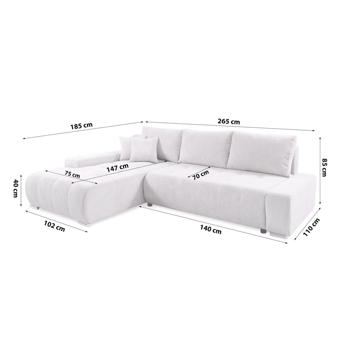 ECKSOFA mit Bettkasten Tragel L, Ecru - Ecru, Textil (185/265cm) - Meblito