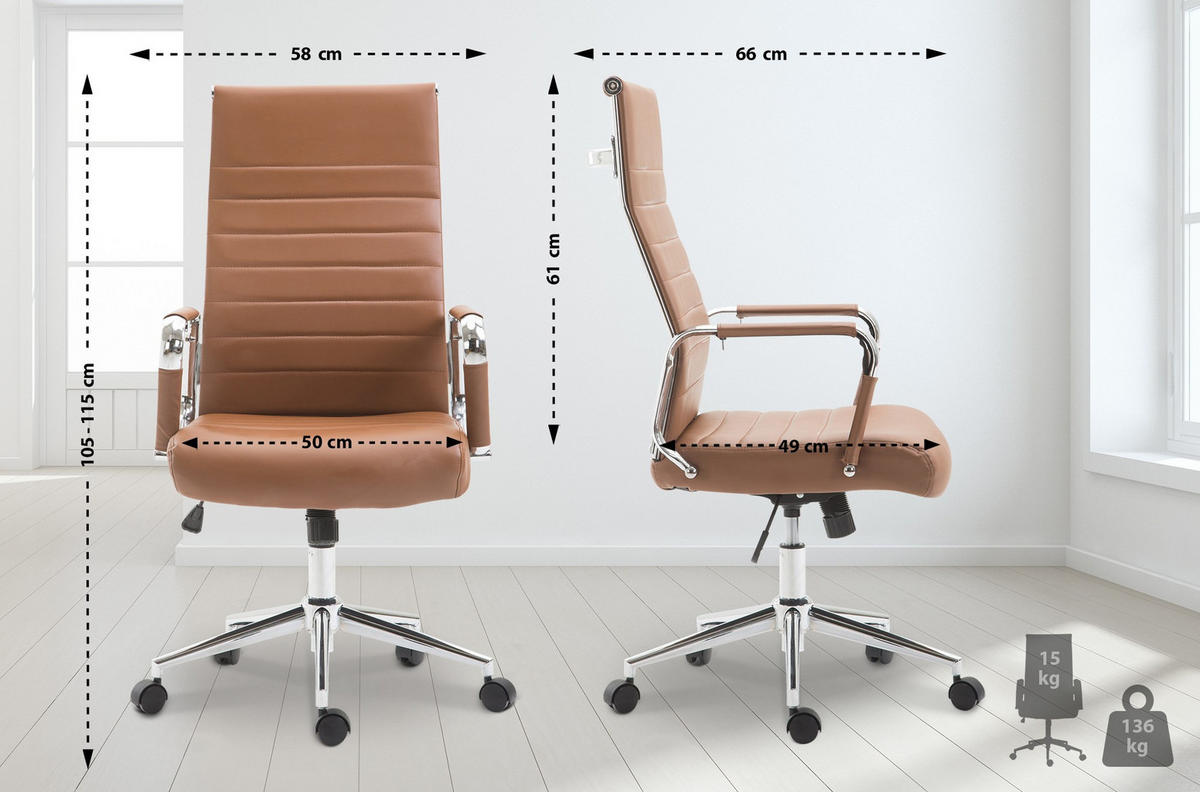 DREHSTUHL Lederlook hellbraun - Chromfarben/Hellbraun, Textil/Metall (58/105/66cm) - CLP