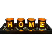 TEELICHTHALTER Set Schwarz Gold mit Holztablett - Braun, Glas (1cm)