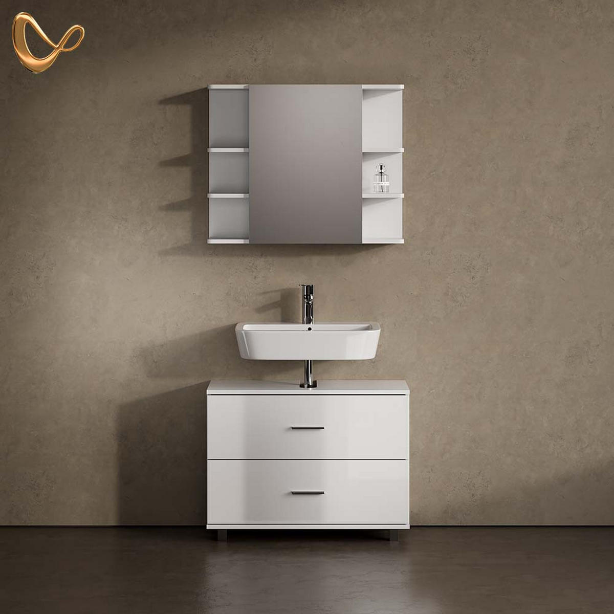 BADMÖBEL-SET Eisak Weiß Hochglanz 2 Teile, Unterschrank 80 cm - Weiß Hochglanz, Holzwerkstoff (80/60/33cm) - Livinity®