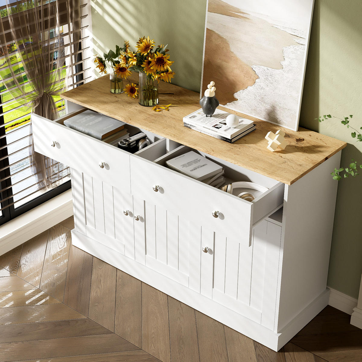 SIDEBOARD 120/36/80,5 cm Weiß/Holzfarbe aus Spanplatte mit 3 Türen - Weiß, Holzwerkstoff (120/80.5/36cm) - OKWISH