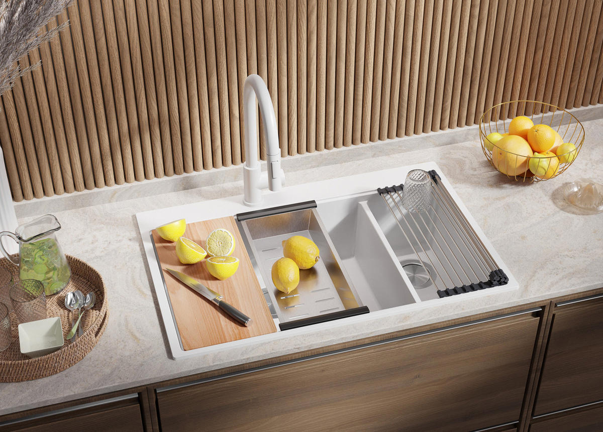 GRANITSPÜLE Oslo Duo, 2-er set Alles Weiß 78/50 cm 2 Becken + Küchenarmatur 40/20 cm + Ablauf-Set + Schneidebrett ab 80er Unterschrank - Beige/Weiß, Kunststoff (78/20/50cm) - Primagran