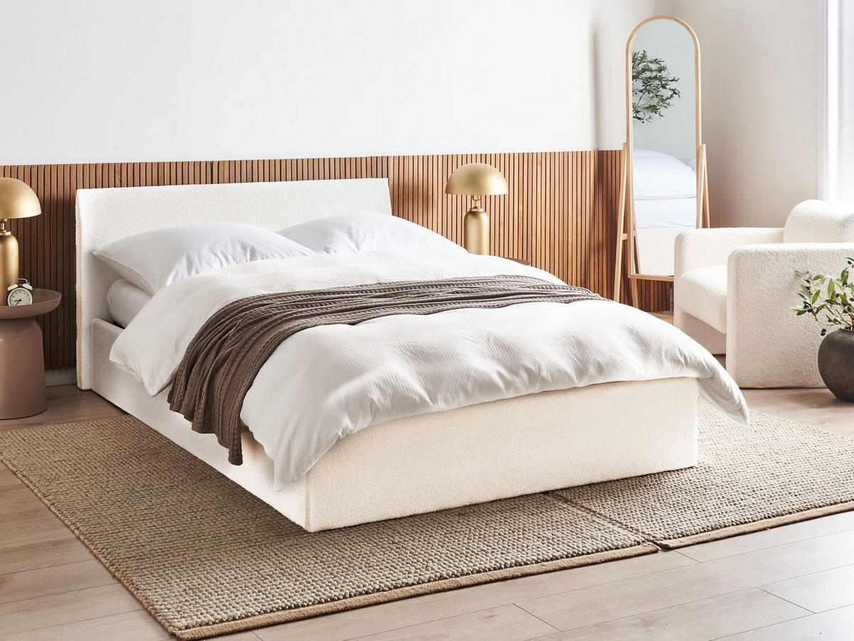 POSTELJA s prostorom za shranjevanje 140/200 bouclé kremasto bela Orbey - krem, tekstil (140/200cm) - Beliani