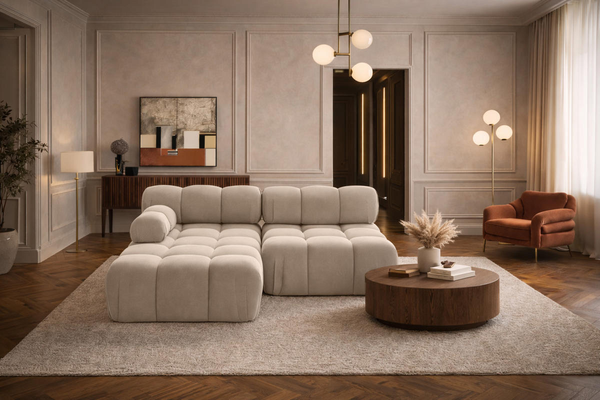 ECKSOFA L-Form Mini II Modular, Veloursstoff Salvador, Beige, Links, Selia - Beige, Holz (190/160cm) - Kaiser Möbel