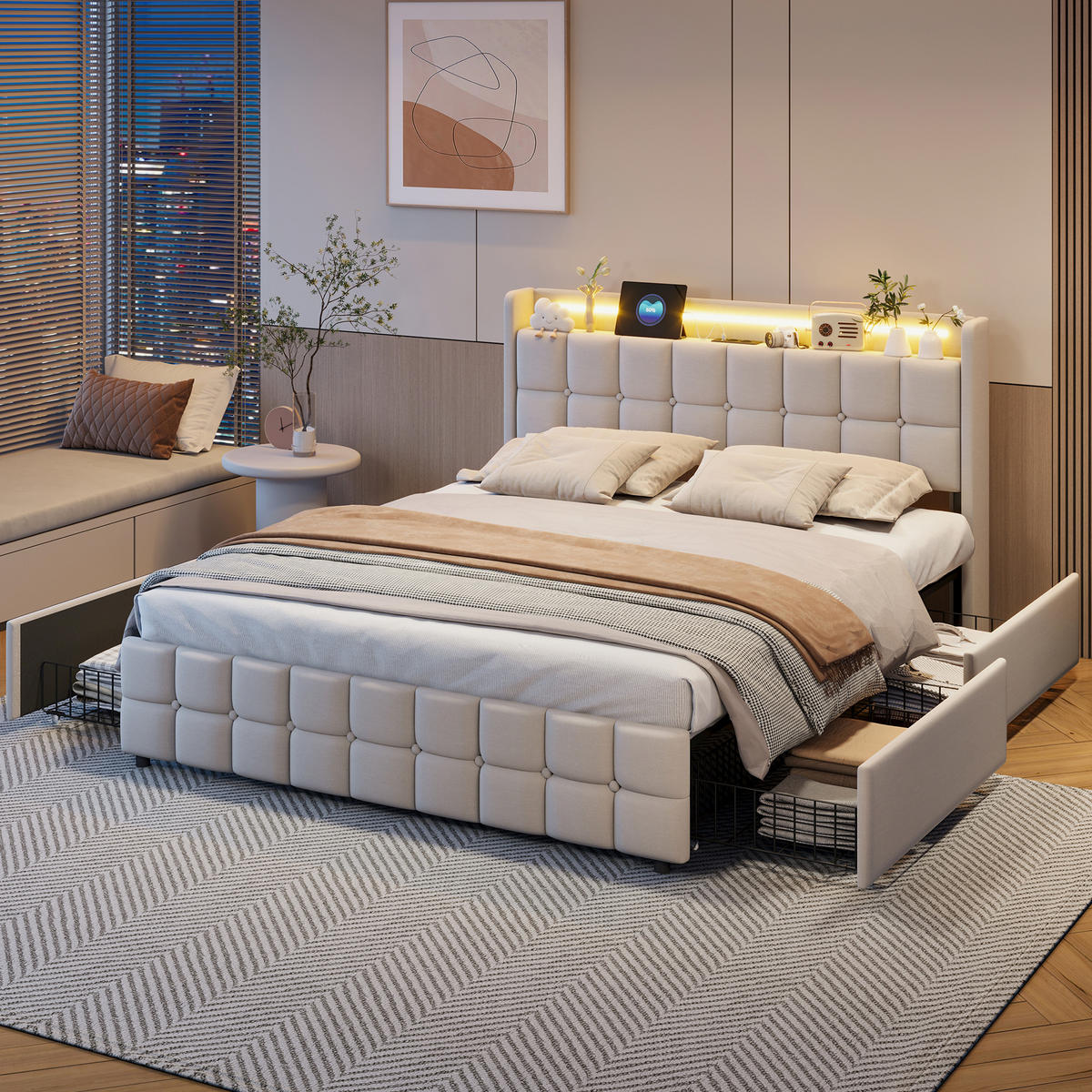 POLSTERBETT 180/200 cm,Doppelbett Beige mit 4 Schubladen und Lattenrost,Modernes Bettgestell - Beige/Naturfarben, Holz/Metall (180/200cm) - FURNISHINGS HOME