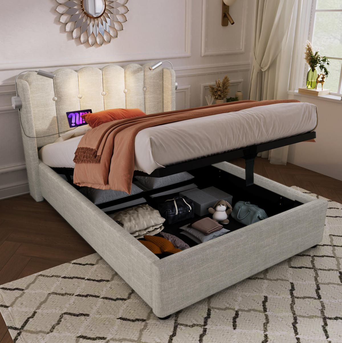BETT mit Stauraum, USB und Leselicht 90x200 cm Leinen Natur - Beige, Metall (90/200cm) - Meubliv