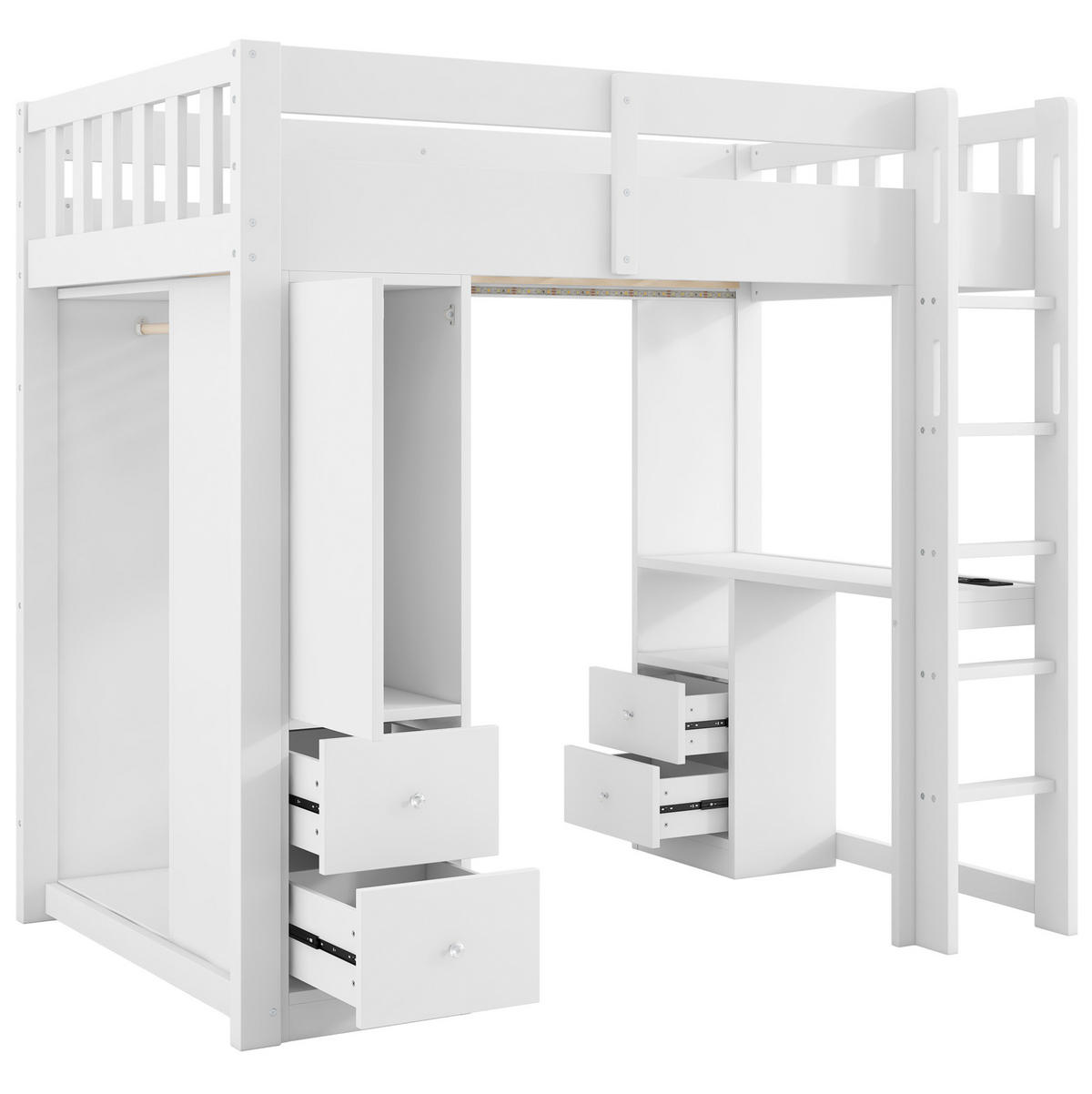 HOCHBETT 90/200 cm weiß aus Massivholz und MDF mit Schreibtisch und LED - Weiß, Holzwerkstoff (90/200cm) - OKWISH
