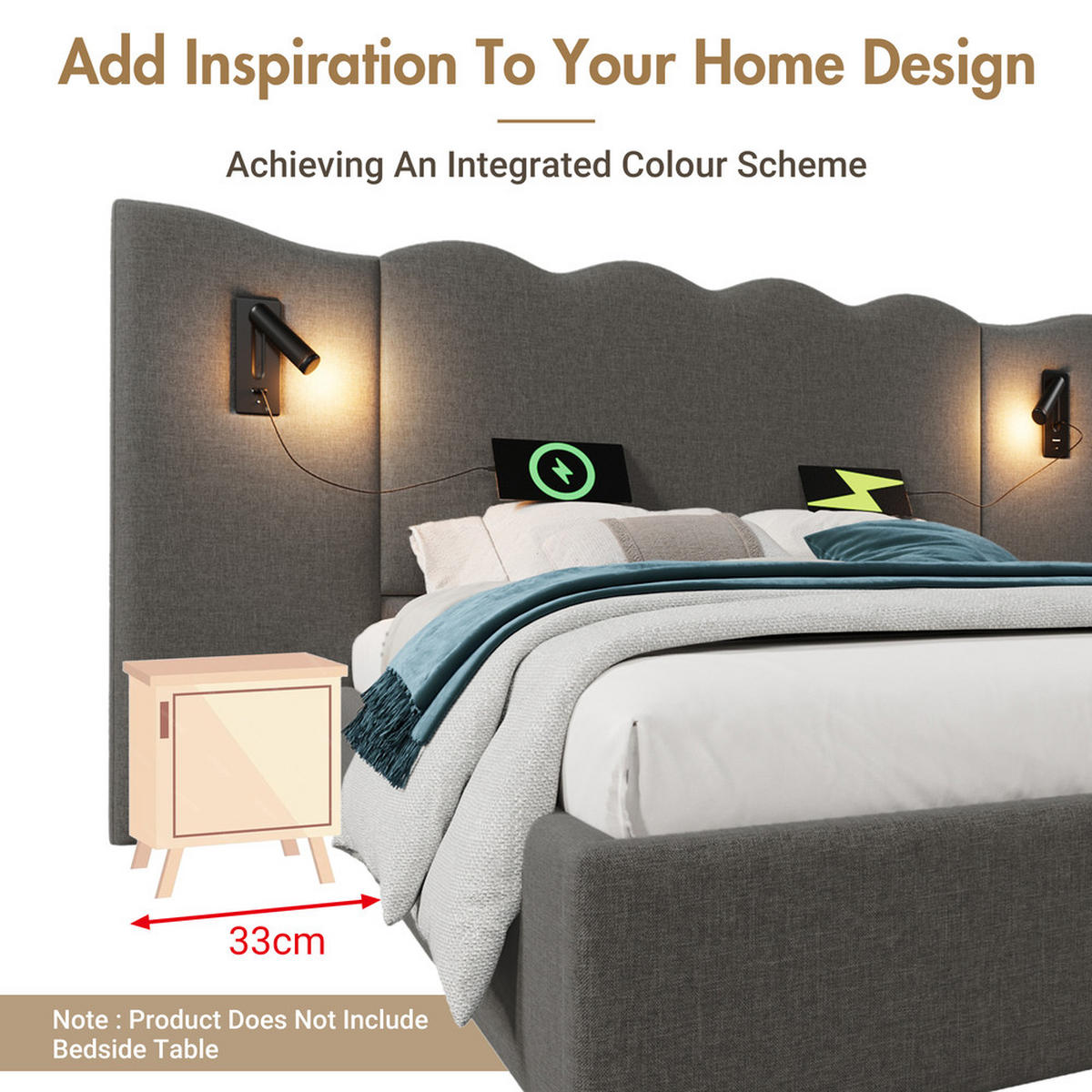 POLSTERBETT 160x200cm Doppelbett mit Leselampe & USB-C Grau - Grau, Holz - FLIEKS