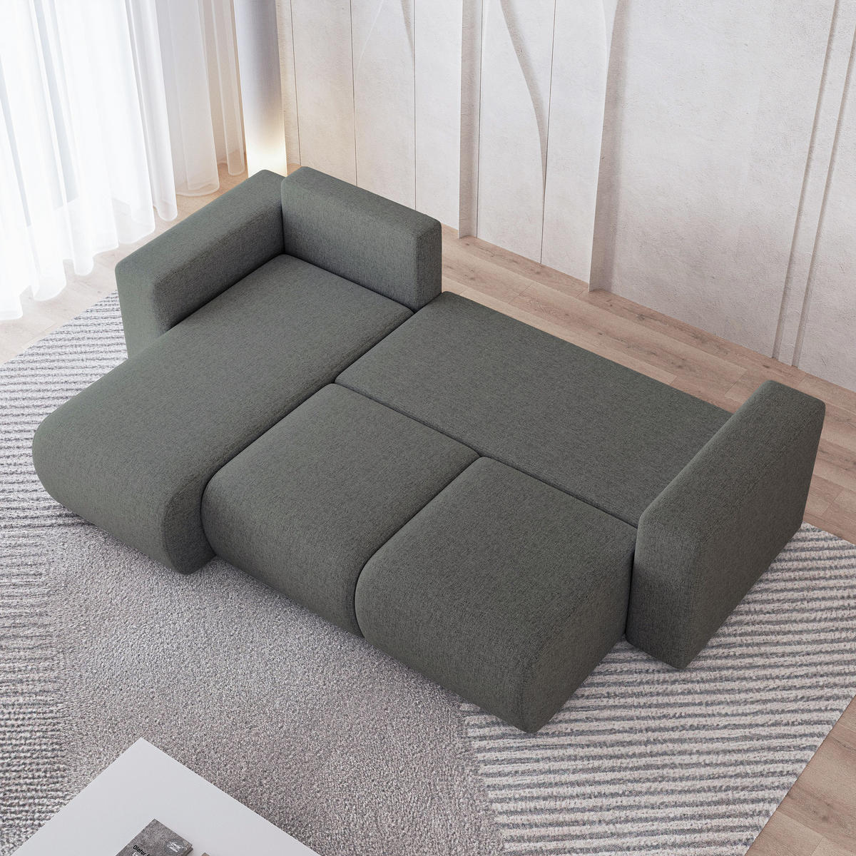 ECKSOFA RINOVA Grau Geflochtener Stoff mit Schlaffunktion - Grau, Holz (250/143cm) - MASSENO