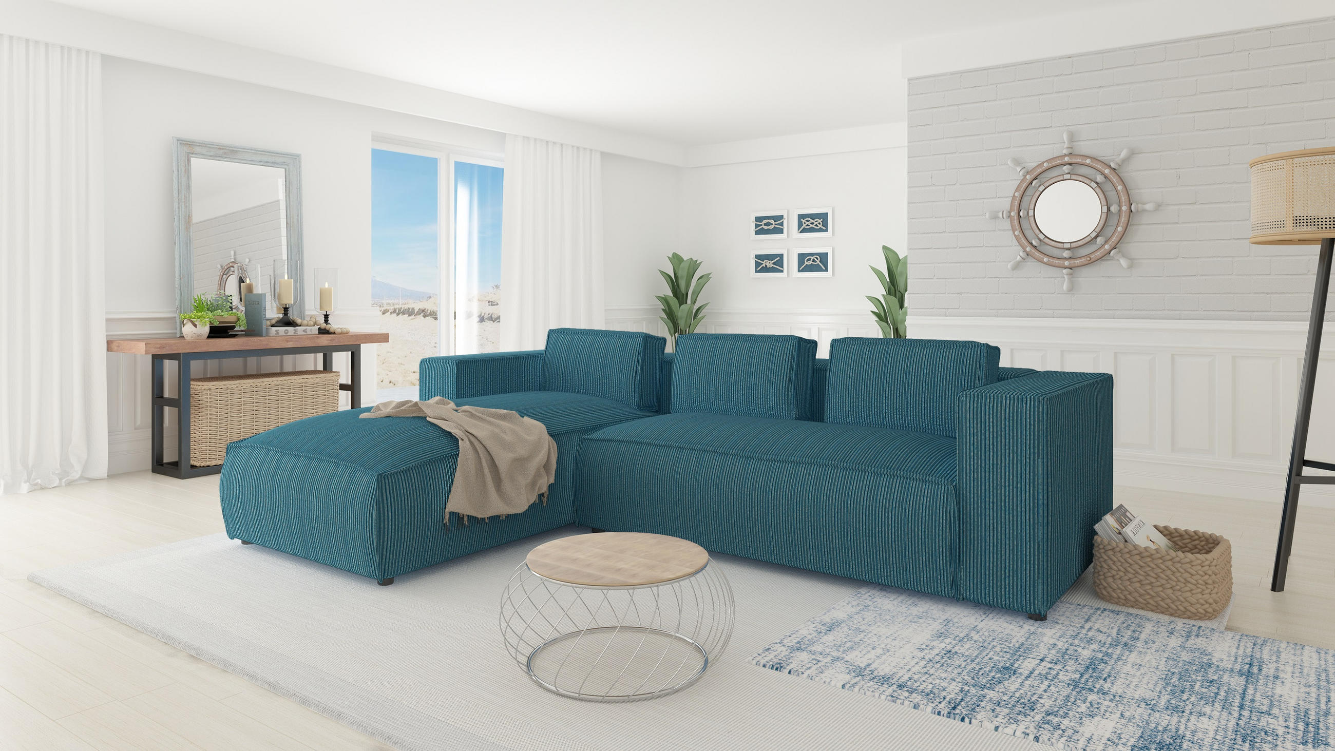 ECKSOFA Nova Türkis Cord - Türkis/Schwarz, Holz/Kunststoff (262/176cm) - S-Style Möbel