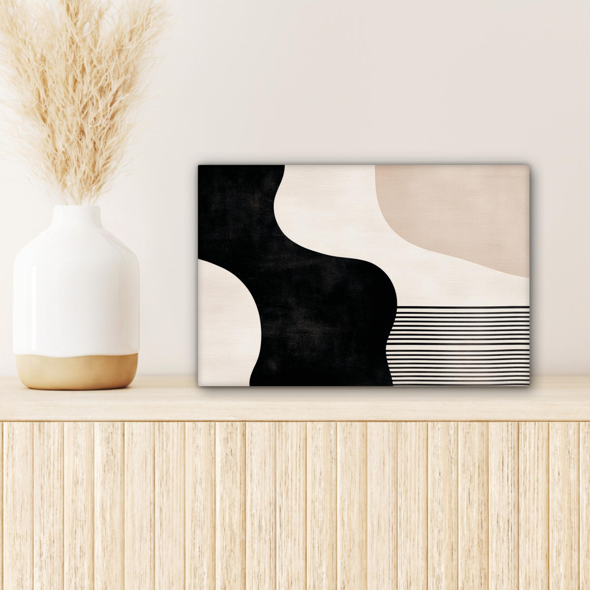 LEINWANDBILD Abstrakt - Japandi - Beige - Modern 30x20 cm - Schwarz, Textil (30/20cm) - MuchoWow