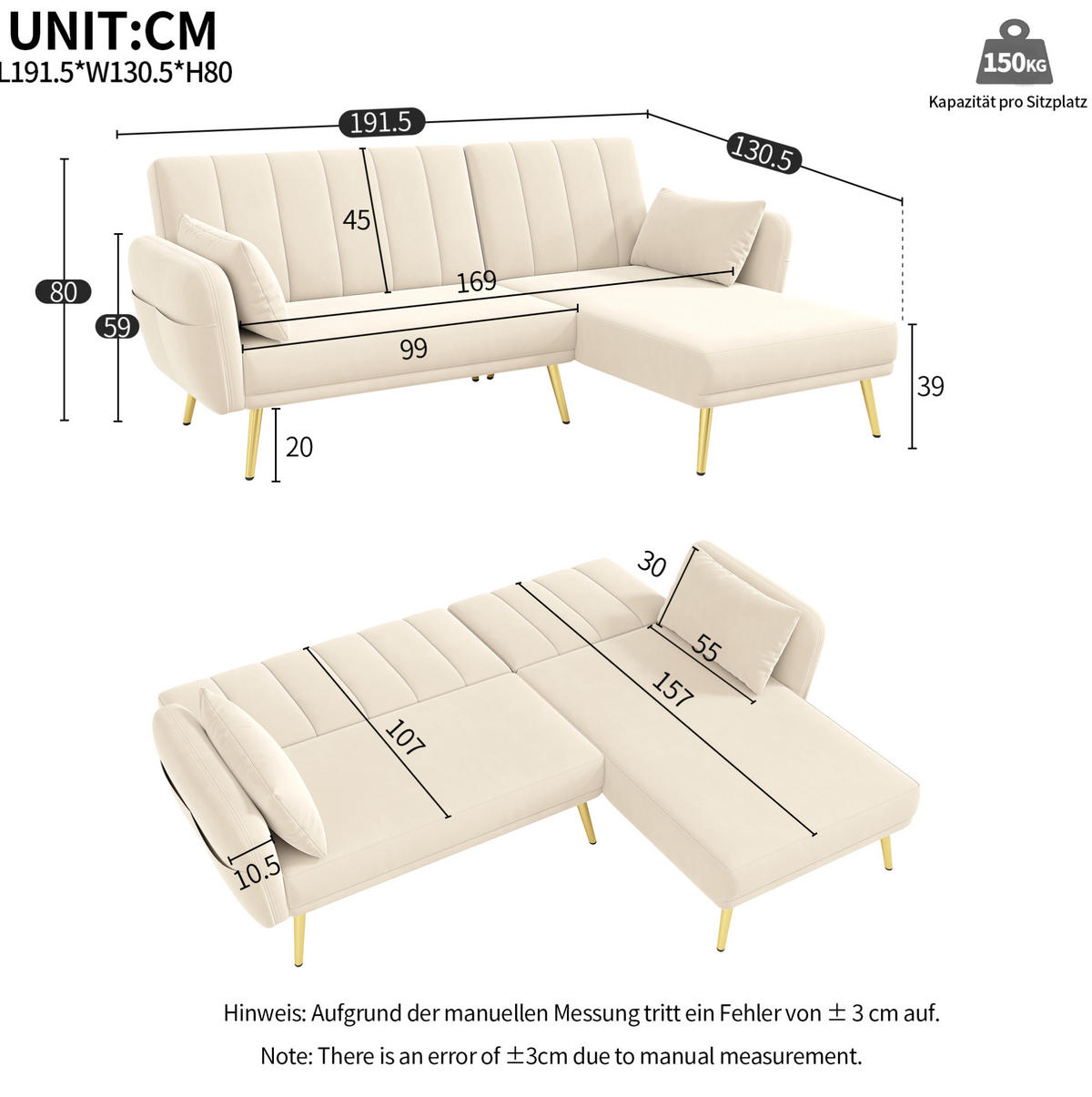 ECKSOFA 191,5/130,5/80 cm beige aus Samt mit Schlaffunktion - Beige, Textil (130/191.5cm) - OKWISH