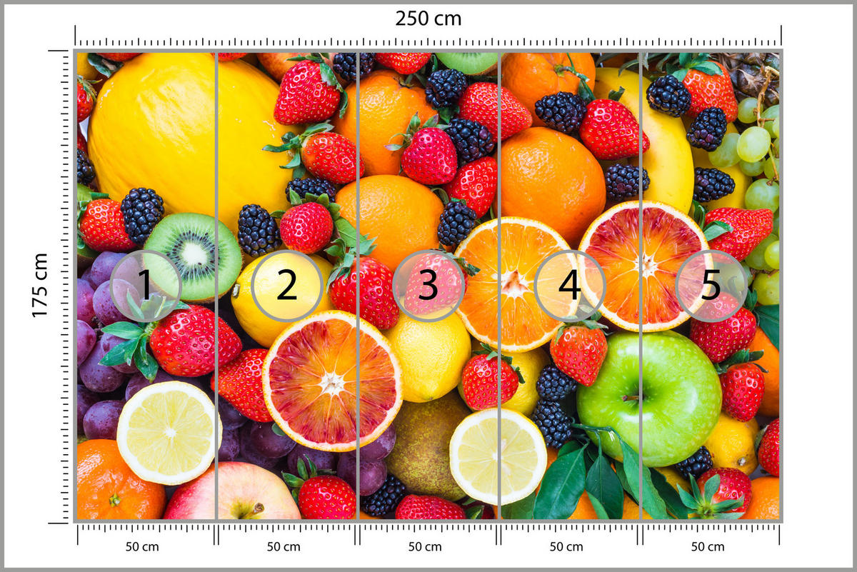FOTOTAPETE für Küche Frische Früchte Erdbeeren Orangen Zitronen Farbenfroh 250x175 - Gelb/Beige, Papier (250/175cm) - Muralo