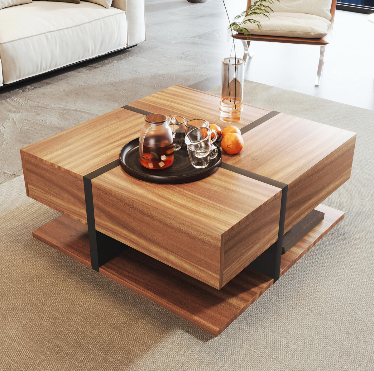 COUCHTISCH mit 4 Schubladen 78x78 cm Schwarz und Holzoptik - Braun, Holzwerkstoff (78/78/36cm) - Meubliv