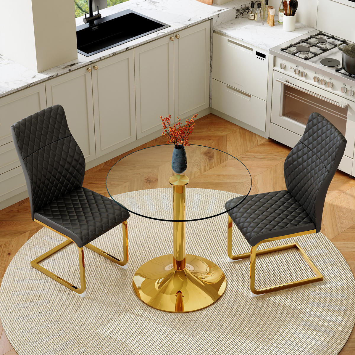 ESSZIMMER-SET Glastisch mit 2 Stühlen 85 cm Schwarz/Gold - Multicolor, Metall (85/76/85cm) - Meubliv